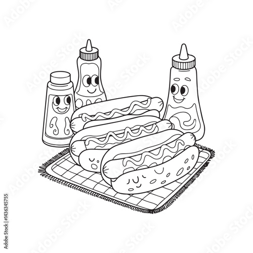 Hand-Drawn Hot Dog with Toppings and Chef Figures in a Fun Setting