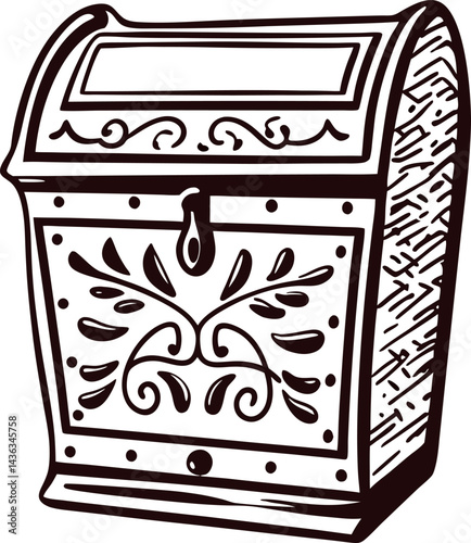Intricate vintage treasure chest with floral patterns and ornate details in monochrome art
