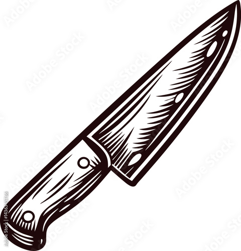 Vintage kitchen knife engraving with detailed blade and wooden handle design