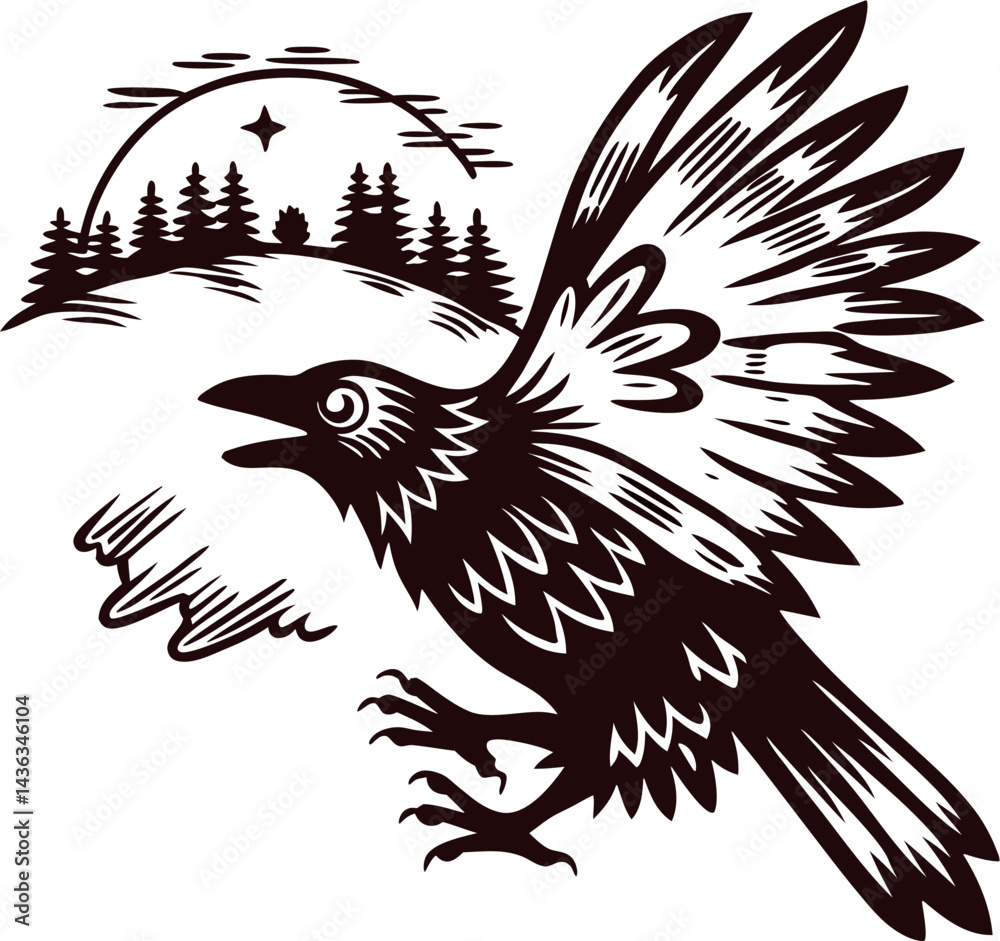 Obraz premium Stylized black raven in flight with forest and moon background