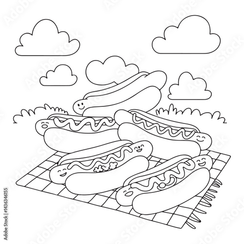 Hand-Drawn Hot Dog with Toppings and Chef Figures in a Fun Setting