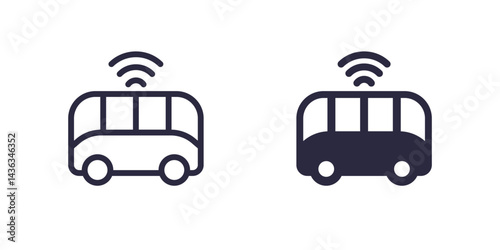 autonomous shuttle bus icons, city transport pictogram in two styles