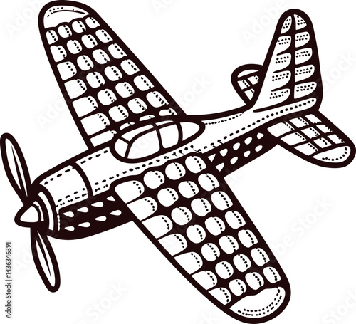 Vintage stippled airplane with propeller and detailed wing pattern.