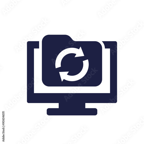 data recovery icon with folder and computer, pictogram on white
