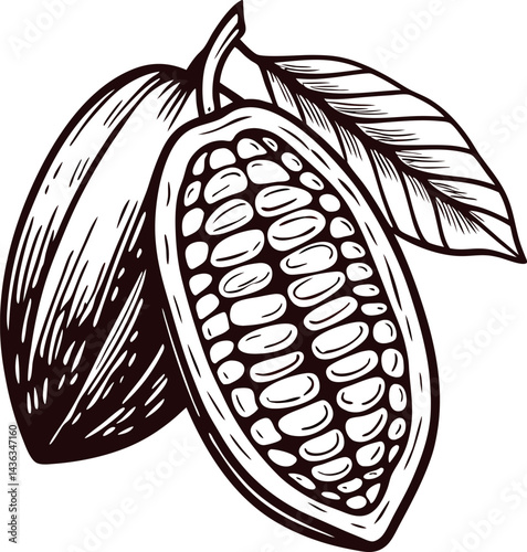 Illustrated cocoa pod with leaves in a detailed botanical