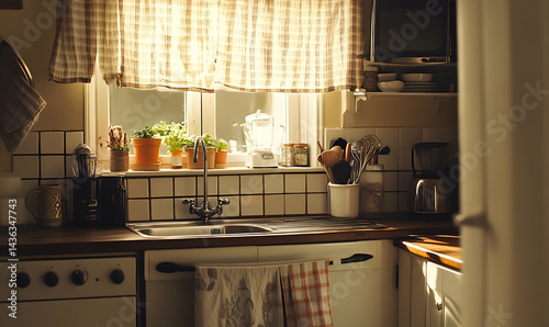 Cozy kitchen with sunlight streaming through window, showcasing potted plants and kitchenware