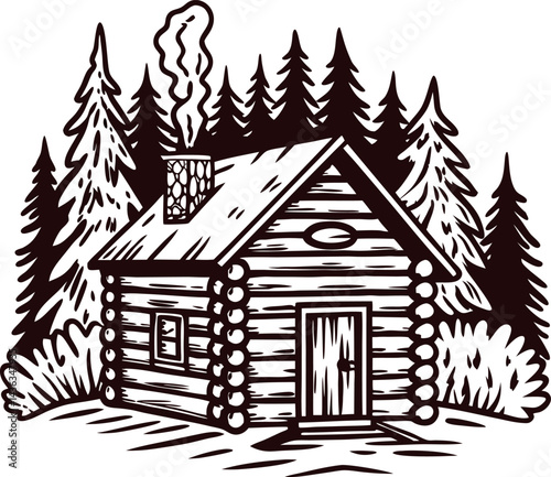 Cozy log cabin in pine forest setting with smoke from chimney