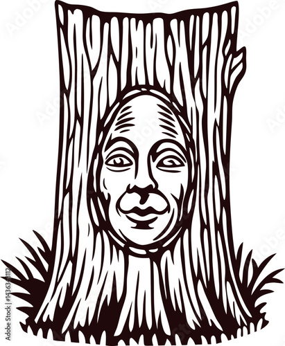 Carved tree trunk with human face design in rustic nature setting