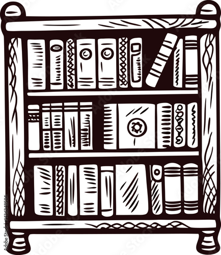 Vintage bookshelf with classic books in intricate hand drawn