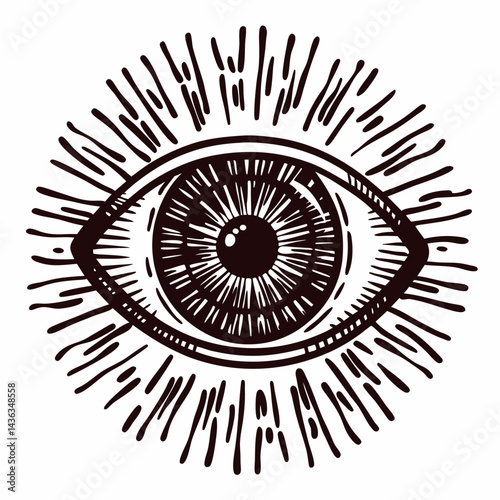 Vintage eye with radiant patterns in black and white.