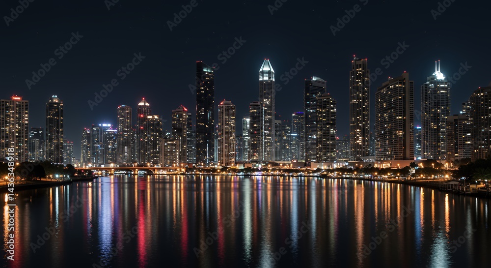 Fototapeta premium Cityscape at Night Reflecting on Water