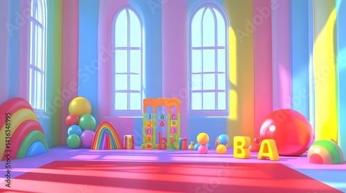 Vibrant Rainbow Themed Playroom with Arched Wall and Colorful Décor