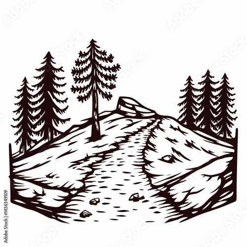 Scenic mountain pathway surrounded by pine trees and rocks.