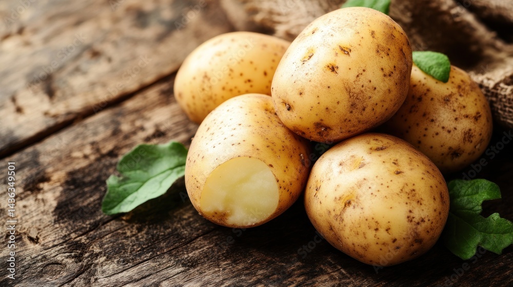 Fresh, golden potatoes displayed on a rustic wooden surface. Fresh, golden potatoes displayed on a rustic wooden surface.
