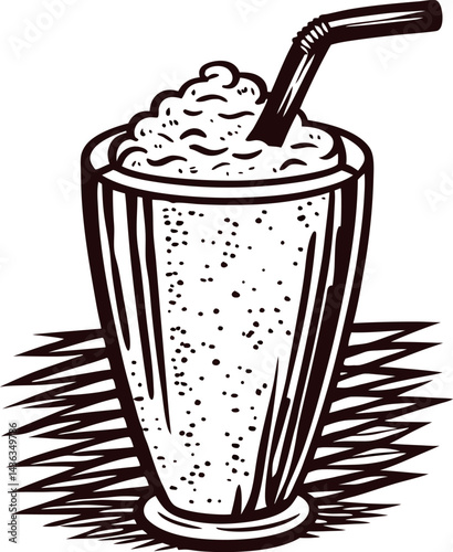 Retro hand drawn milkshake with straw on textured background.