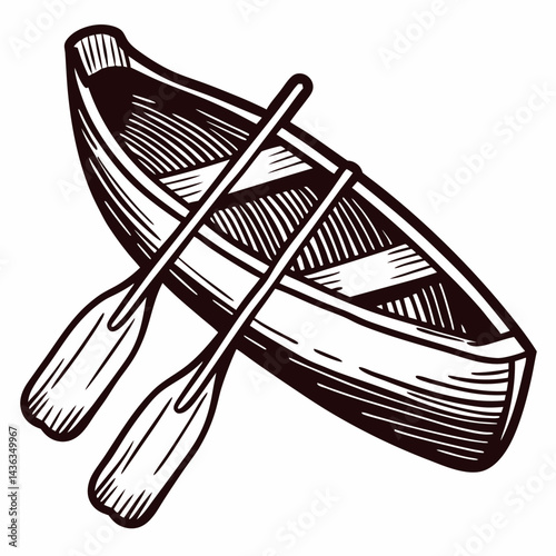 Wooden canoe with paddles in classic black and white drawing.