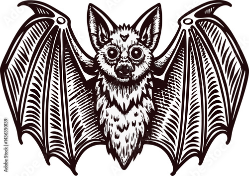 Detailed vintage of a bat with outstretched wings on white background.