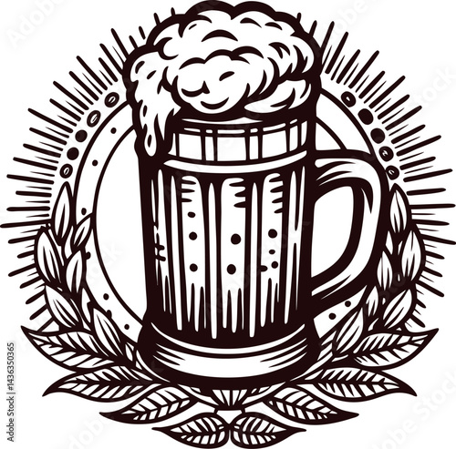 Mug of beer with frothy head centered within a decorative floral design.