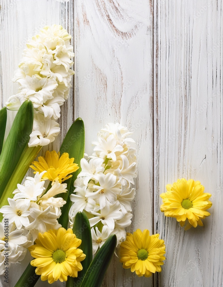 White hyacinth flowers and yellow daisies on white wooden table with copy space. Generated image