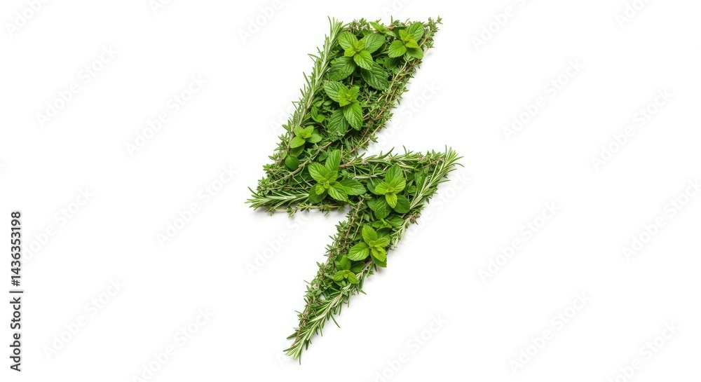 Green lightning bolt made of leaves on a white background Green lightning bolt made of leaves on a white background