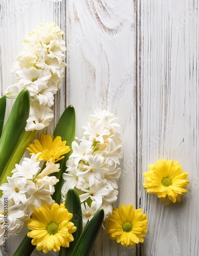 Obraz na płótnie White hyacinth flowers and yellow daisies on white wooden table with copy space. Generated image w salonie