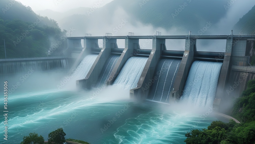 An overhead view of a hydroelectric dam on a river, with water flowing out from the reservoir. An overhead view of a hydroelectric dam on a river, with water flowing out from the reservoir.