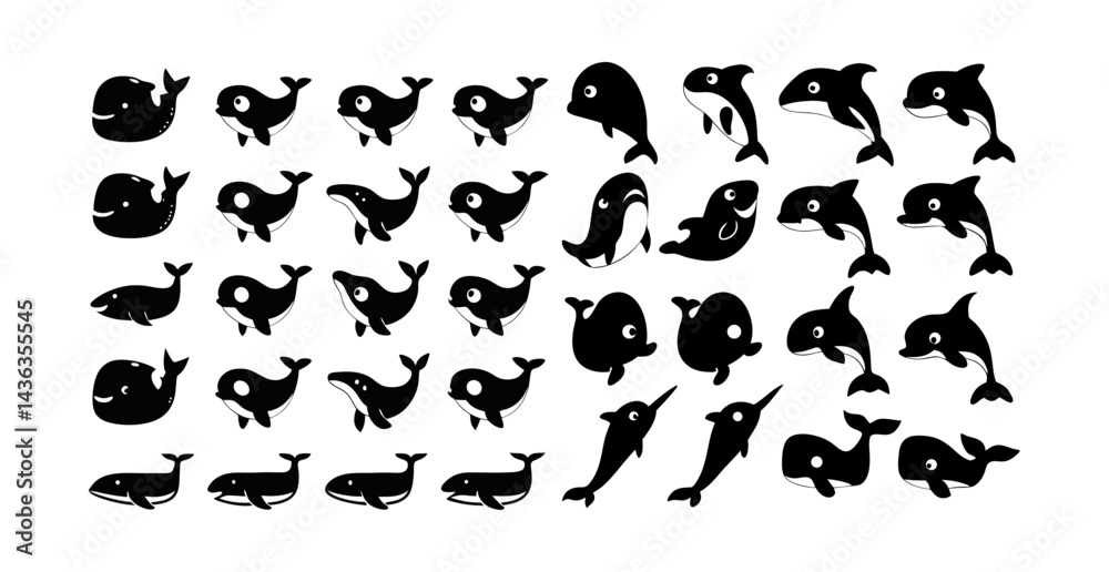 Naklejka premium 48 Unique Whale and Dolphin Silhouettes: Versatile Marine-Themed Vector Set for Ocean-Inspired Designs