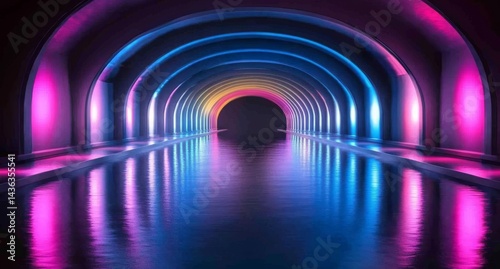 Illuminated semicircular rings on a dark background radiate vibrant blue, purple, and orange colors, and the reflection of neon light generates a modern and abstract visual design