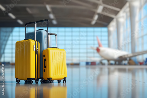 Suitcases in airport. Travel concept. 3d rendering