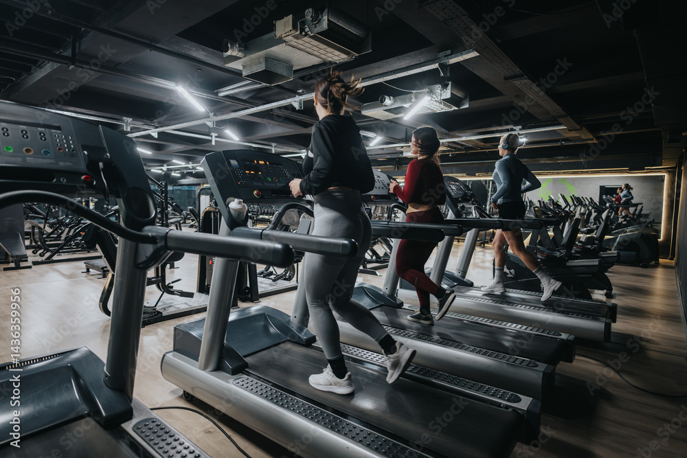 Girls running on treadmills in a contemporary gym interior showcasing fitness, health, and exercise commitment. The image conveys an active and healthy lifestyle in a fitness-focused space.