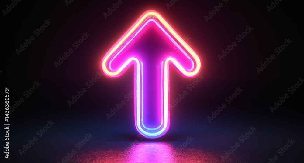 An upward-curving pink neon arrow shines brightly, illuminating a dimly lit space, signifying advancement and direction with a futuristic, luminous style An upward-curving pink neon arrow shines brightly, illuminating a dimly lit space, signifying advancement and direction with a futuristic, luminous style