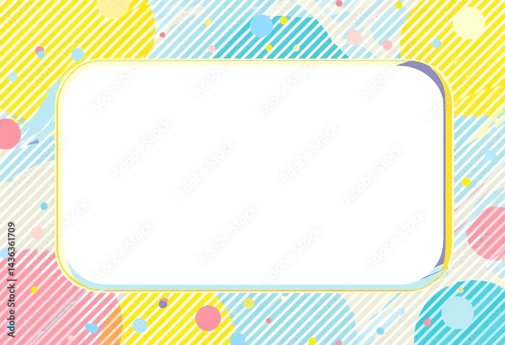 A blank white rectangular frame with pastel blue, yellow, and pink polka dots and stripes in the A blank white rectangular frame with pastel blue, yellow, and pink polka dots and stripes in the