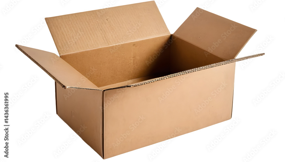 An empty cardboard box, its flaps open and ready to be filled, shot on a black backdrop. Transparent background png image An empty cardboard box, its flaps open and ready to be filled, shot on a black backdrop. Transparent background png image