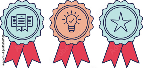 Achievement badge in colored scheme with minimalist vector graphics for business innovation and communication award 
