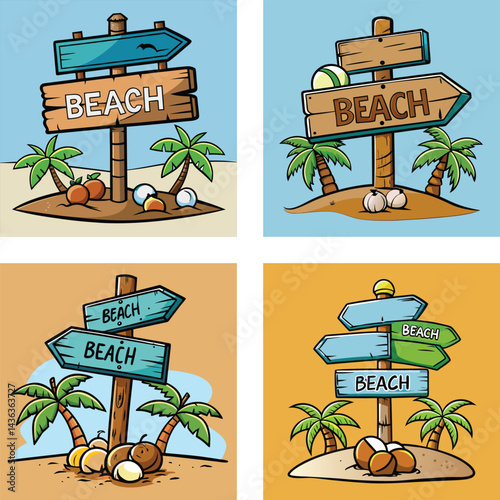 Fun Beach Directional Signs With Palm Trees And Tropical Fruits Illustration