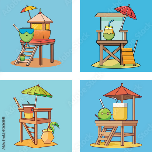 Summer Beach Lifeguard Tower With Coconut Drinks And Umbrellas Vector Set