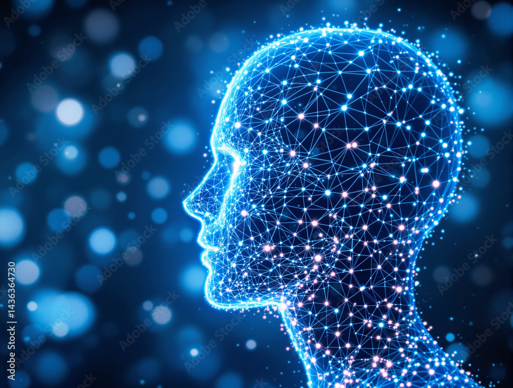 Glowing digital human head made of interconnected blue nodes and lines, futuristic graphic style, vibrant blue background, concept of artificial intelligence, Ai generative Glowing digital human head made of interconnected blue nodes and lines, futuristic graphic style, vibrant blue background, concept of artificial intelligence, Ai generative