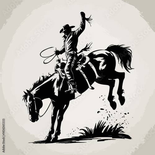 Vintage Cowboy Silhouette on Bucking Horse - Western Rodeo Art - Wild West Cowboy Illustration - Rodeo Cowboy on Horseback 