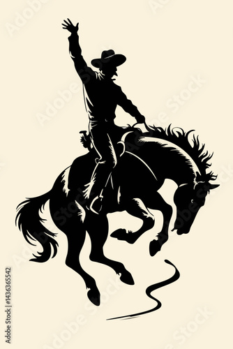 Vintage Cowboy Silhouette on Bucking Horse - Western Rodeo Art - Wild West Cowboy Illustration - Rodeo Cowboy on Horseback 
