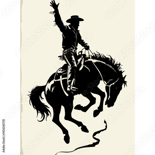 Vintage Cowboy Silhouette on Bucking Horse - Western Rodeo Art - Wild West Cowboy Illustration - Rodeo Cowboy on Horseback 