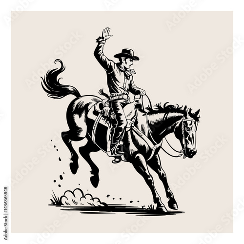 Vintage Cowboy Silhouette on Bucking Horse - Western Rodeo Art - Wild West Cowboy Illustration - Rodeo Cowboy on Horseback 