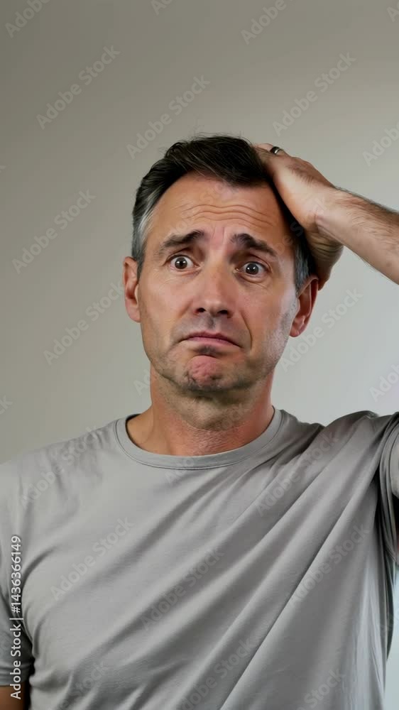 Portrait of a man showing confusion, raising one eyebrow while frowning slightly and touching his head Portrait of a man showing confusion, raising one eyebrow while frowning slightly and touching his head