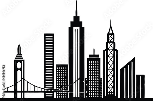 City skyline silhouette with iconic skyscrapers and architectural landmarks in a high contrast urban landscape