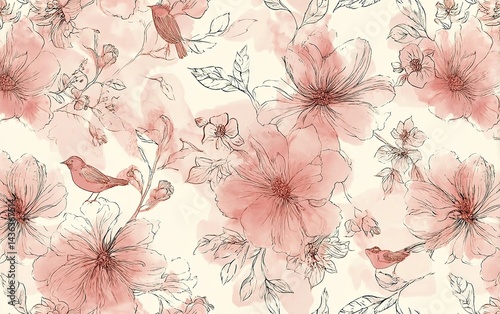 A seamless pattern with watercolor flowers in blush, their soft hues blending into delicate line