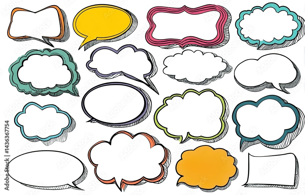 Obraz premium A set of cartoon speech bubbles in various shapes and sizes, each with colorful outlines against a