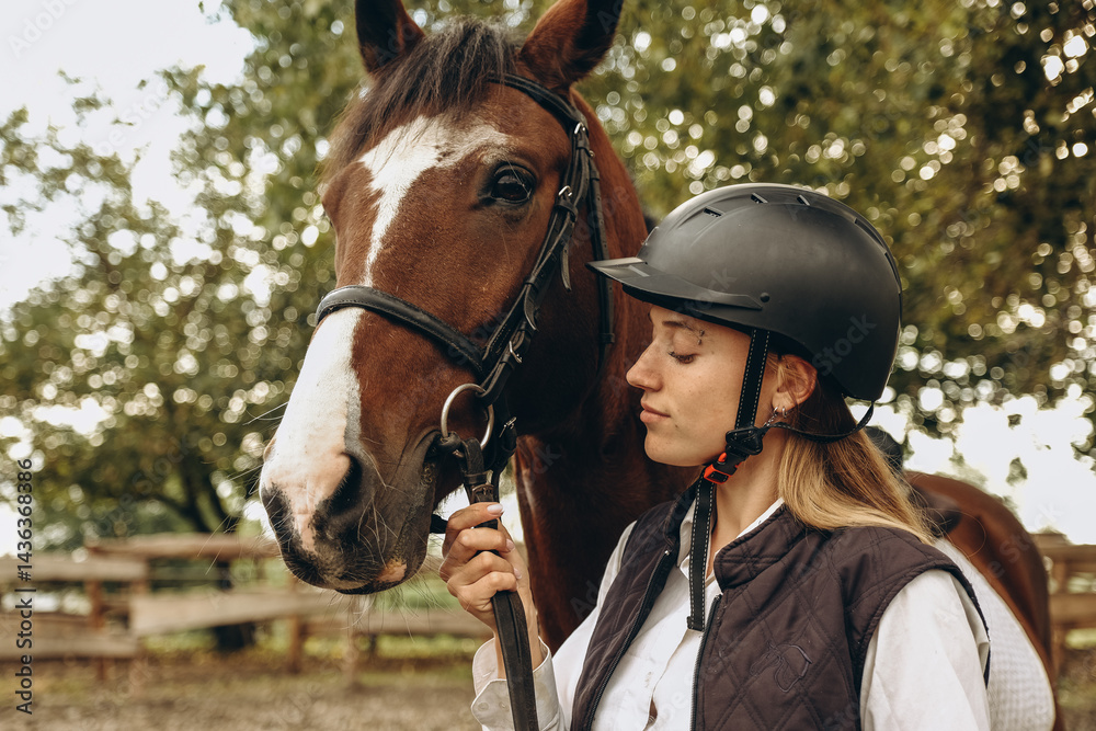 Obraz premium A young female equestrian stands near her horse and prepares for a competition.