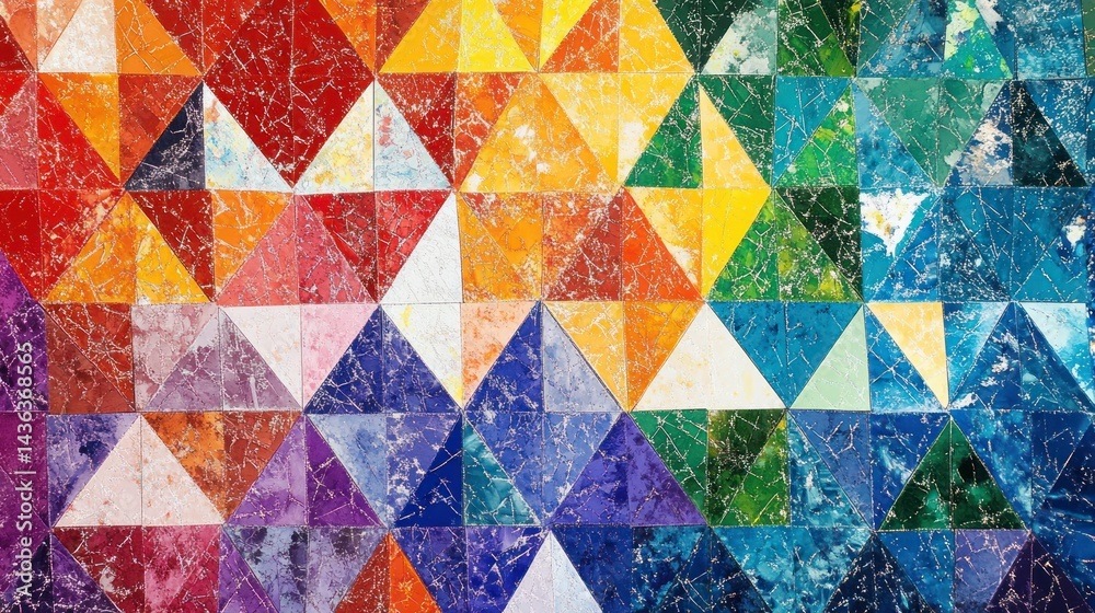 Vibrant geometric composition featuring a dynamic range of rainbow colored triangles Vibrant geometric composition featuring a dynamic range of rainbow colored triangles
