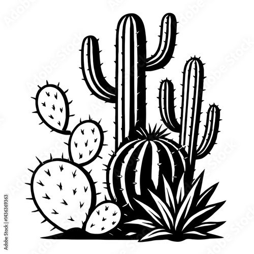 Desert Cactus and Plants Grouping - Black and White Illustration for Nature, Landscape, Botany, or Wildlife Themes