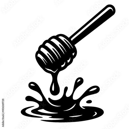 Honey Dipper Dripping - Black and White Illustration for Food, Breakfast, Sweetness, or Kitchen Themes
