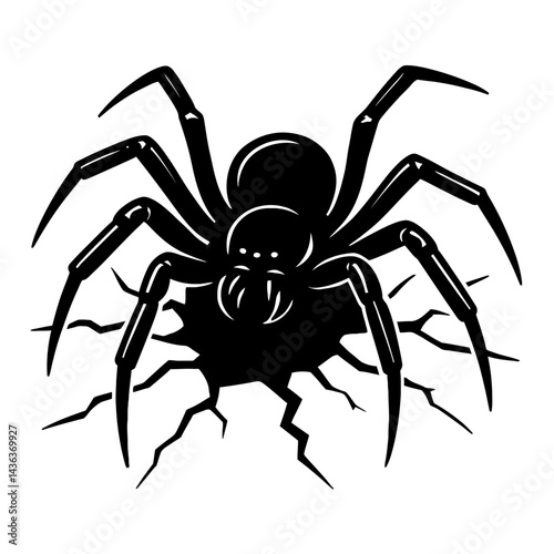 Vector silhouette illustration of a large spider emerging from cracks in black. Represents fear and surprise.